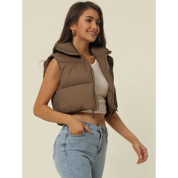Crop Puffer Vest Lightweight Sleeveless Zip Up Padded Gilet Coat Brown - Picture 3 of 6